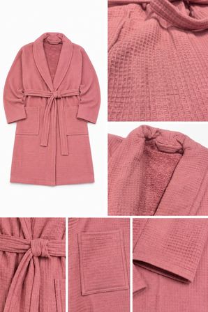 Rose Waffle Premium Bornoz – Yumuşak Havlu İç Yüzeyli, Şal Yakalı, Cepli Kadın Bornozu Standart