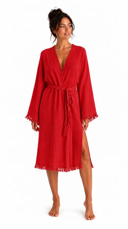 Bohemia Müslin Kimono Bornoz – Püskül Detaylı Yırtmaçlı Spa & Plaj Kimonosu