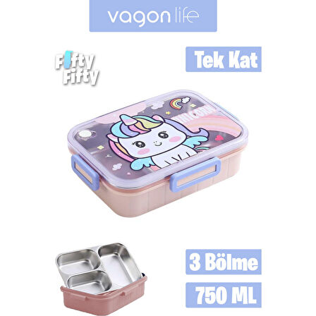 Vagonlife Bento 750ml Lunchbox Sevimli Dostlar Tek Katlı 3 Bölmeli Paslanmaz Çelik Sefer Tası Yemek Kutusu (Pembe Unicorn