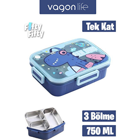 Vagonlife Bento 750ml Lunchbox Sevimli Dostlar Tek Katlı 3 Bölmeli Paslanmaz Çelik Sefer Tası Yemek Kutusu (Mavi Dinozor)