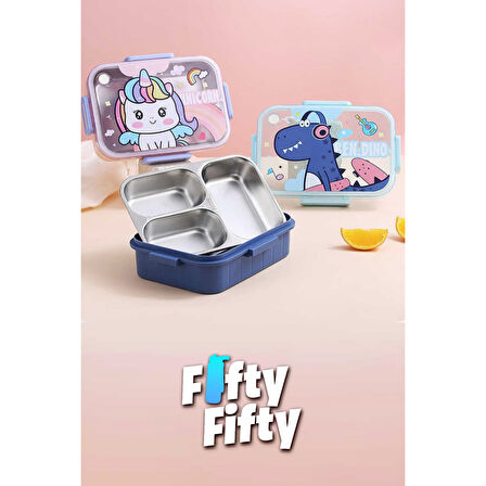 Vagonlife Bento 750ml Lunchbox Sevimli Dostlar Tek Katlı 3 Bölmeli Paslanmaz Çelik Sefer Tası Yemek Kutusu (Mavi Dinozor)
