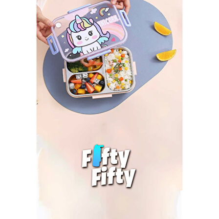 Vagonlife Bento 750ml Lunchbox Sevimli Dostlar Tek Katlı 3 Bölmeli Paslanmaz Çelik Sefer Tası Yemek Kutusu (Mavi Dinozor)