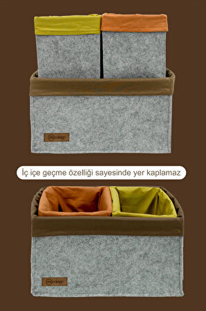 3'lü Çekmece İçi Dolap Çamaşır Düzenleyici, Çocuk Odası Saklama Kutusu Seti, Organizer Acı Kahve-Turuncu-Hardal