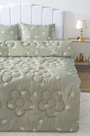 Yeşil Papatya Çift Kişilik Çift Taraflı Papatyalı Kapitone Yorgan 200x215 cm