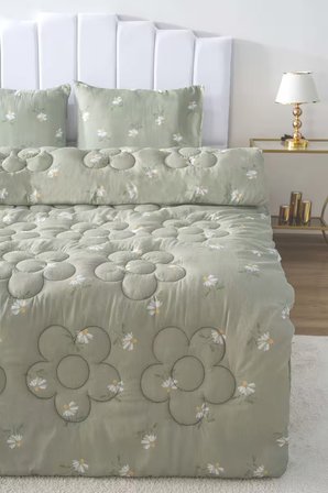 Yeşil Papatya Çift Kişilik Çift Taraflı Papatyalı Kapitone Yorgan 200x215 cm