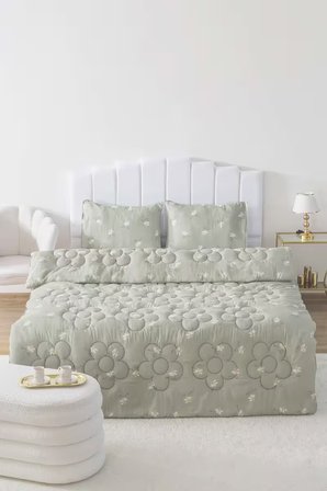 Yeşil Papatya Çift Kişilik Çift Taraflı Papatyalı Kapitone Yorgan 200x215 cm