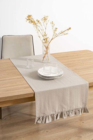 Ruffle Bej Fırfırlı %100 Pamuklu Ham Keten Runner 50x130 cm