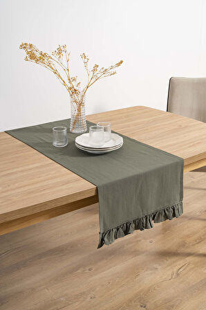 Ruffle Haki Fırfırlı %100 Pamuklu Ham Keten Runner 50x130 cm