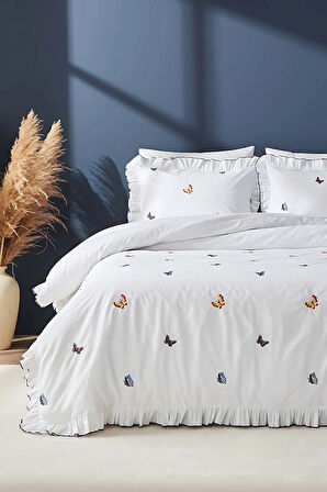 Kelebekli Çift Kişilik Nakışlı Nevresim Takımı & Çeyiz Seti %100 Pamuklu