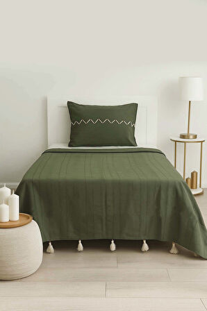 Luna Haki Boncuklu Püsküllü %100 Pamuklu Tek Kişilik Yatak Örtüsü Takımı