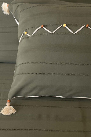 Luna Haki Boncuklu Püsküllü %100 Pamuklu Tek Kişilik Yatak Örtüsü Takımı