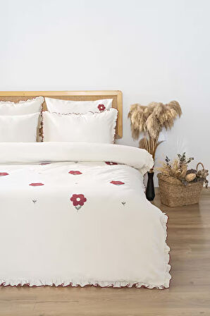 Florita Vişne Çift Kişilik Nakışlı Nevresim Takımı %100 Pamuklu