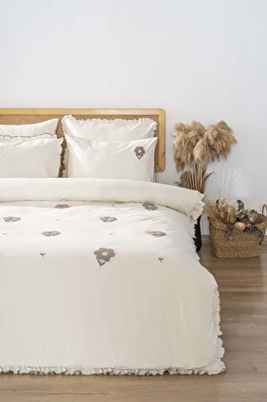 Florita Bej Çift Kişilik Nakışlı Nevresim Takımı %100 Pamuklu