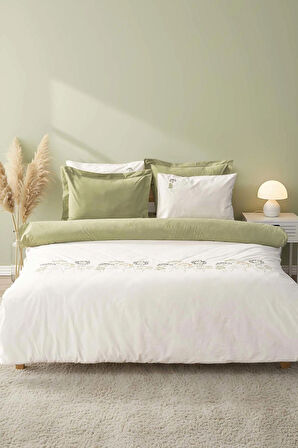 Botanic Yeşil 6 Parça Çift Kişilik Nakışlı Nevresim Takımı %100 Pamuklu