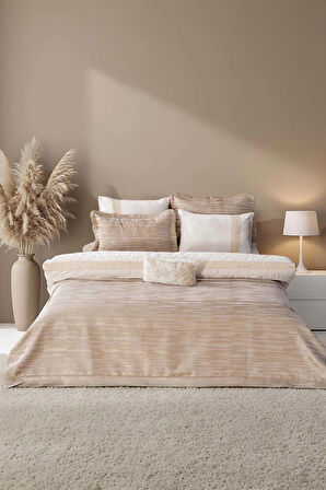 Alina Cappuccino Nakışlı Çift Kişilik Nevresimli Pike Seti - 8 Parça Çeyiz Seti