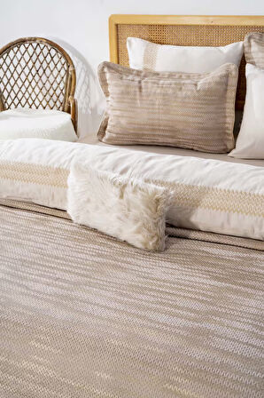 Alina Cappuccino Nakışlı Çift Kişilik Nevresimli Pike Seti - 8 Parça Çeyiz Seti