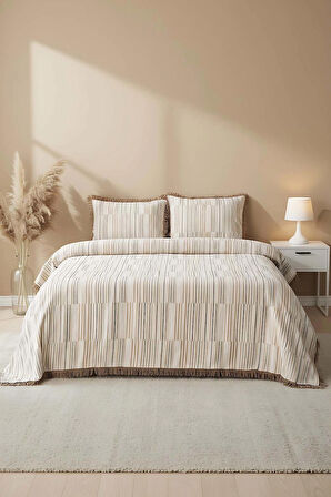 Lia Bej Çift Kişilik Püsküllü Yatak Örtüsü Takımı 3 Parça Uyku & Çeyiz Seti