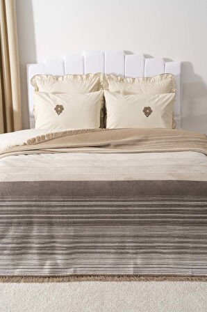 Veloura Bej Çift Kişilik Püsküllü Battaniye