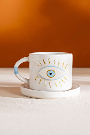Göz Desenli Amore El Yapımı Seramik Double Kahve Fincanı Mug Kupa