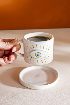 Göz Desenli Amore El Yapımı Seramik Double Kahve Fincanı Mug Kupa