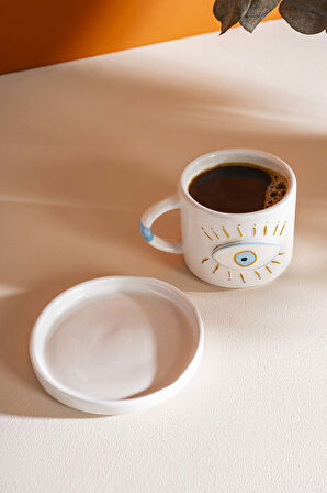 Göz Desenli Amore El Yapımı Seramik Double Kahve Fincanı Mug Kupa