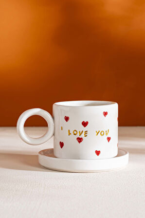 I Love You Amore El Yapımı Seramik Double Kahve Fincanı Mug Kupa