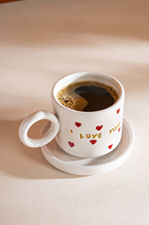 I Love You Amore El Yapımı Seramik Double Kahve Fincanı Mug Kupa