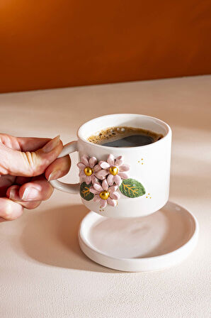 Pembe Çiçekli Amore El Yapımı Seramik Double Kahve Fincanı Mug Kupa
