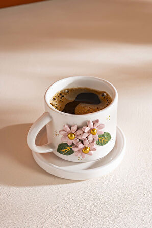 Pembe Çiçekli Amore El Yapımı Seramik Double Kahve Fincanı Mug Kupa