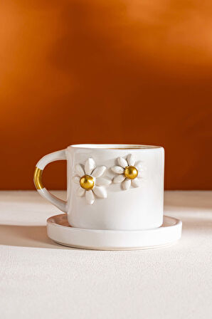 Gold Papatya Amore El Yapımı Seramik Double Kahve Fincanı Mug Kupa