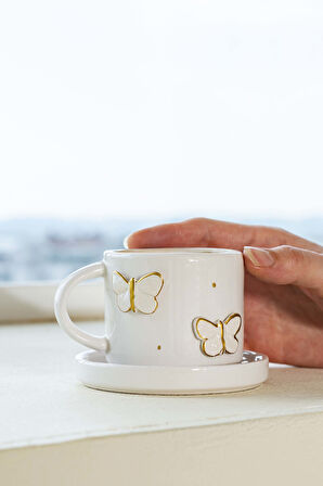 Gold Kelebek Amore El Yapımı Seramik Double Kahve Fincanı Mug Kupa