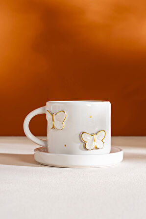Gold Kelebek Amore El Yapımı Seramik Double Kahve Fincanı Mug Kupa