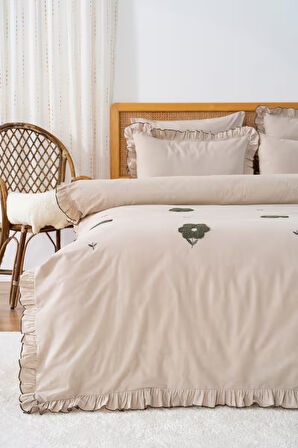 Florita Cappuccino Çift Kişilik Nakışlı Nevresim Takımı %100 Pamuklu