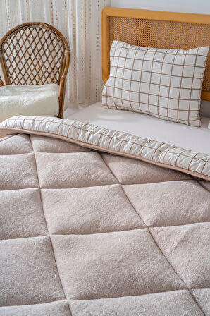 Bej Kareli Tek Kişilik Çift Taraflı Lüx Wellsoft Yorgan Seti 155x215 cm