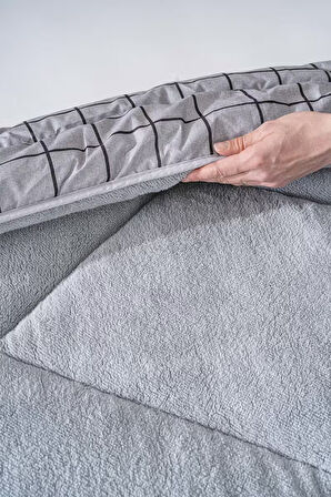 Gri Kareli Loura Tek Kişilik Çift Taraflı Lüx Wellsoft Yorgan Seti 155x215 cm