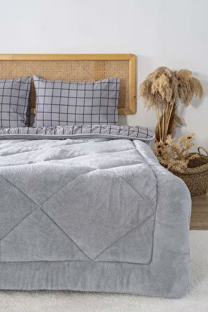 Gri Kareli Loura Tek Kişilik Çift Taraflı Lüx Wellsoft Yorgan Seti 155x215 cm
