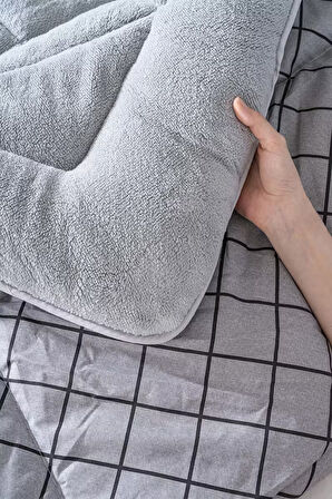 Gri Kareli Loura Çift Kişilik Çift Taraflı Lüx Wellsoft Yorgan Seti 195x215 cm