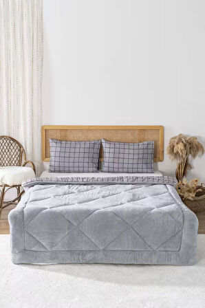 Gri Kareli Loura Çift Kişilik Çift Taraflı Lüx Wellsoft Yorgan Seti 195x215 cm