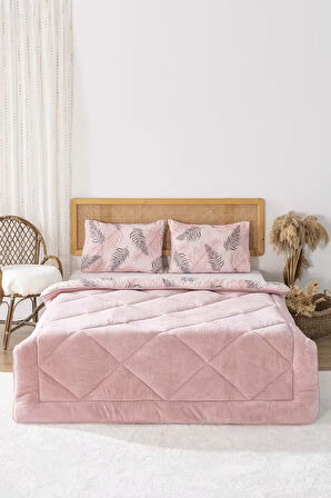 Pudra Yaprak Loura Çift Kişilik Çift Taraflı Lüx Wellsoft Yorgan Seti 195x215 cm