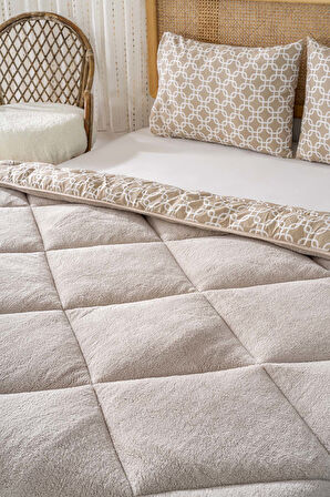 Bej Geometrik Loura Tek Kişilik Çift Taraflı Lüx Wellsoft Yorgan Seti 155x215 cm