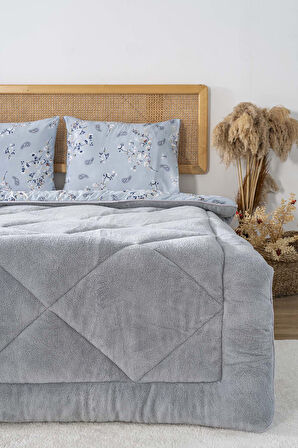 Gri Çiçekli Loura Çift Kişilik Çift Taraflı Lüx Wellsoft Yorgan Seti 195x215 cm