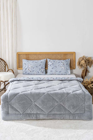 Gri Çiçekli Loura Çift Kişilik Çift Taraflı Lüx Wellsoft Yorgan Seti 195x215 cm