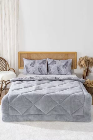 Gri Yaprak Loura Çift Kişilik Çift Taraflı Lüx Wellsoft Yorgan Seti 195x215 cm