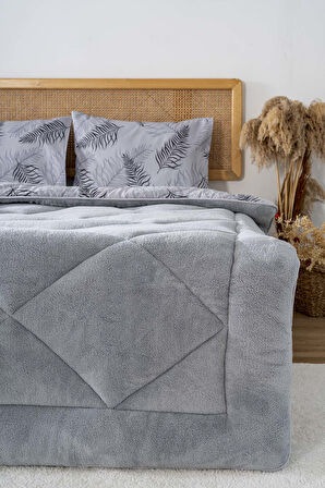 Gri Yaprak Loura Tek Kişilik Çift Taraflı Lüx Wellsoft Yorgan Seti 155x215 cm