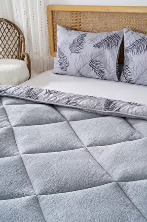 Gri Yaprak Loura Tek Kişilik Çift Taraflı Lüx Wellsoft Yorgan Seti 155x215 cm