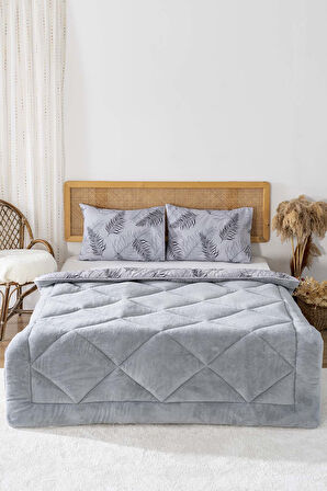 Gri Yaprak Loura Tek Kişilik Çift Taraflı Lüx Wellsoft Yorgan Seti 155x215 cm