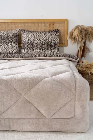 Bej Leopar Loura Çift Kişilik Çift Taraflı Lüx Wellsoft Yorgan Seti 195x215 cm