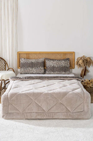 Bej Leopar Loura Tek Kişilik Çift Taraflı Lüx Wellsoft Yorgan Seti 155x215 cm