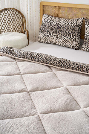 Bej Leopar Loura Tek Kişilik Çift Taraflı Lüx Wellsoft Yorgan Seti 155x215 cm