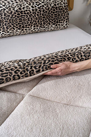 Bej Leopar Loura Tek Kişilik Çift Taraflı Lüx Wellsoft Yorgan Seti 155x215 cm